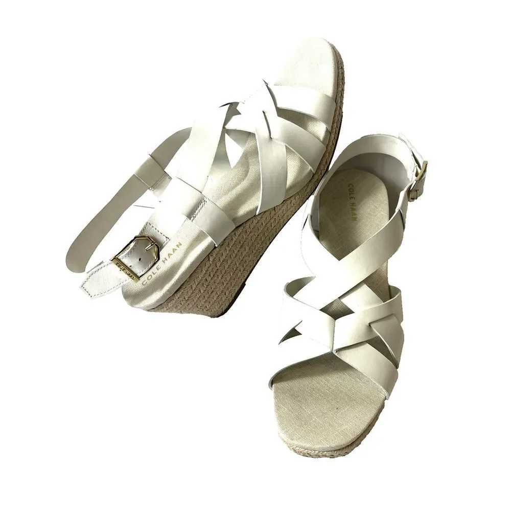 Cole Haan Womens Sz 9.5 B Wedge White Leather Espadrille Sling Back Open Toe NEW